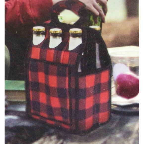 Hammer + Axe 6-Pack Bottle Cooler Carrier Insulated Red & Black Plaid Design - Picture 2 of 7